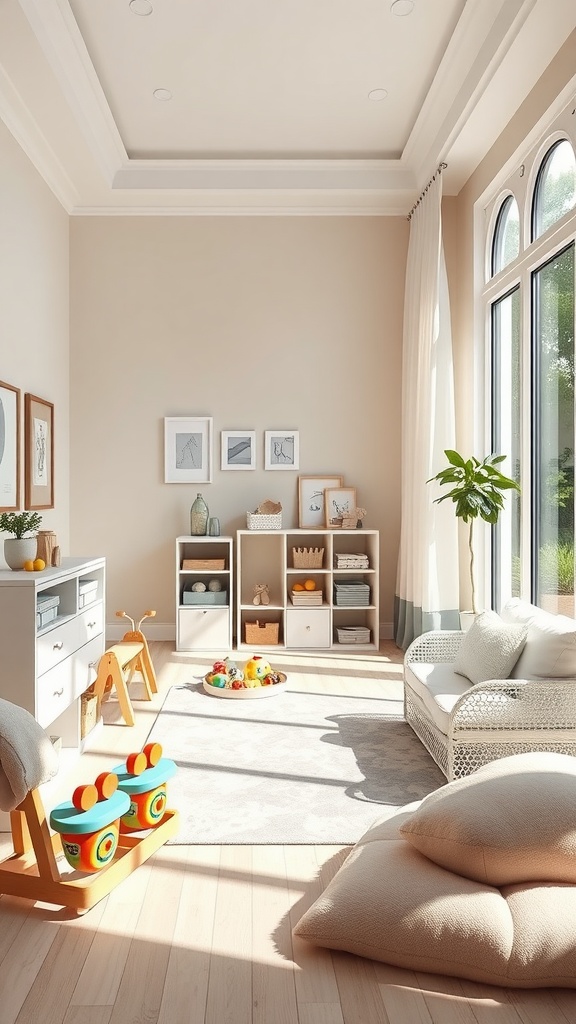 A bright and stylish playroom with natural light, soft rugs, and organized storage, showcasing a polished and modern decor.