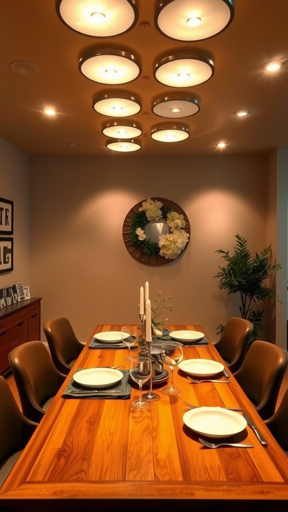 A dining room with creatively arranged recessed lighting above a wooden table set for dinner.