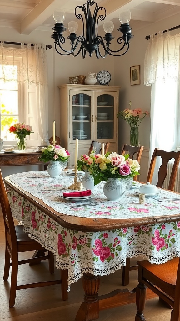 A cozy cottage core dining room featuring a lace tablecloth with roses, wooden furniture, and a vintage chandelier