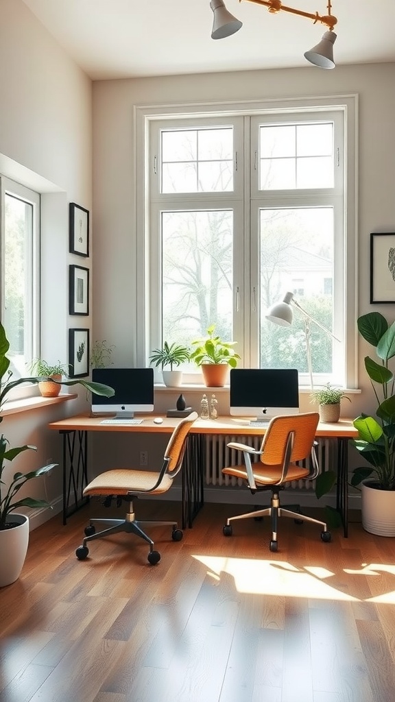 Two tandem desks with computers placed along a large window, surrounded by plants in a bright home office.