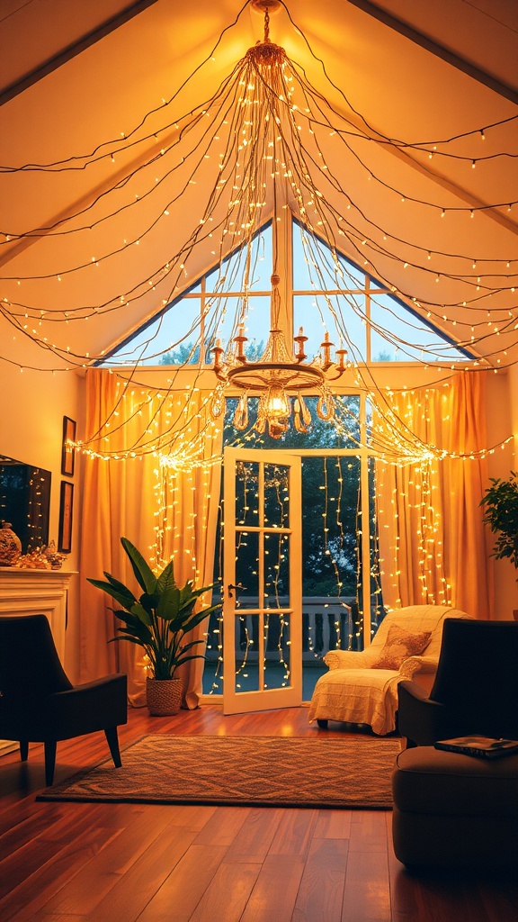 Living room decorated with twinkling string lights hanging from the ceiling