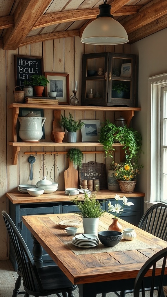A cozy farmhouse dining room featuring weathered wood shelves filled with plants and dishware.