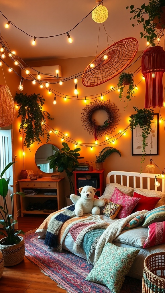 A cozy bedroom decorated with warm fairy lights, woven lampshades, colorful pillows, and plants, creating a whimsical atmosphere.