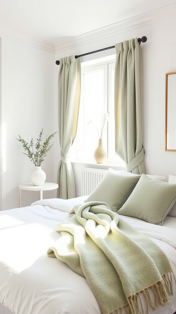 White bedroom with sage green curtains and accents, featuring a cozy bed and decorative elements.