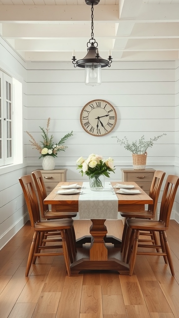 A cozy dining room featuring white shiplap walls, wooden table, and fresh flowers.