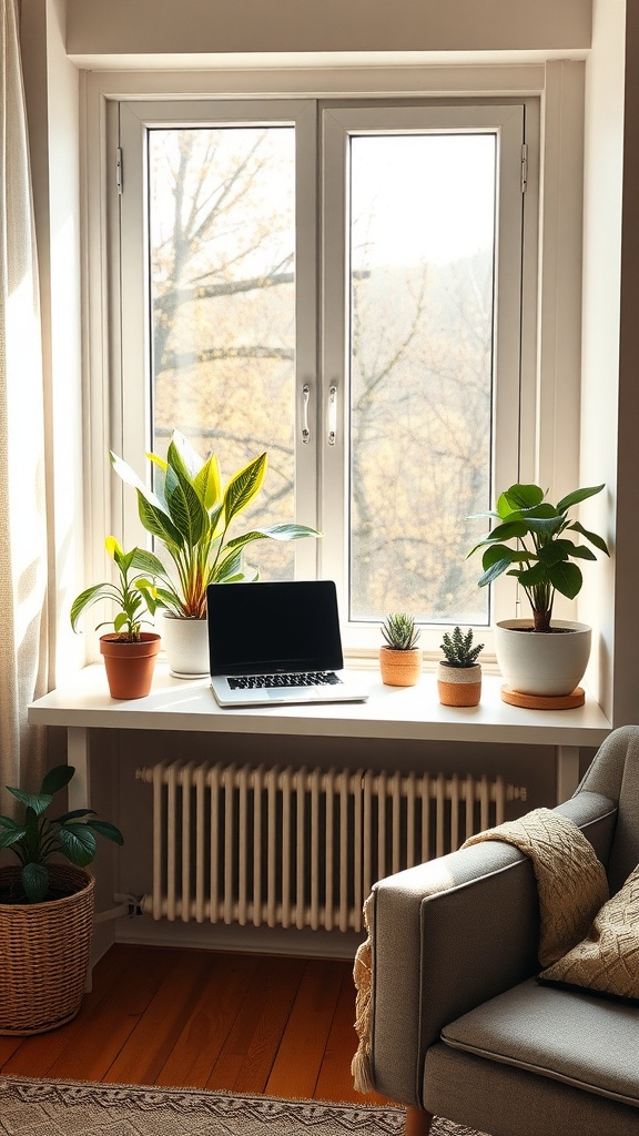 Cozy windowsill desk with plants and a laptop