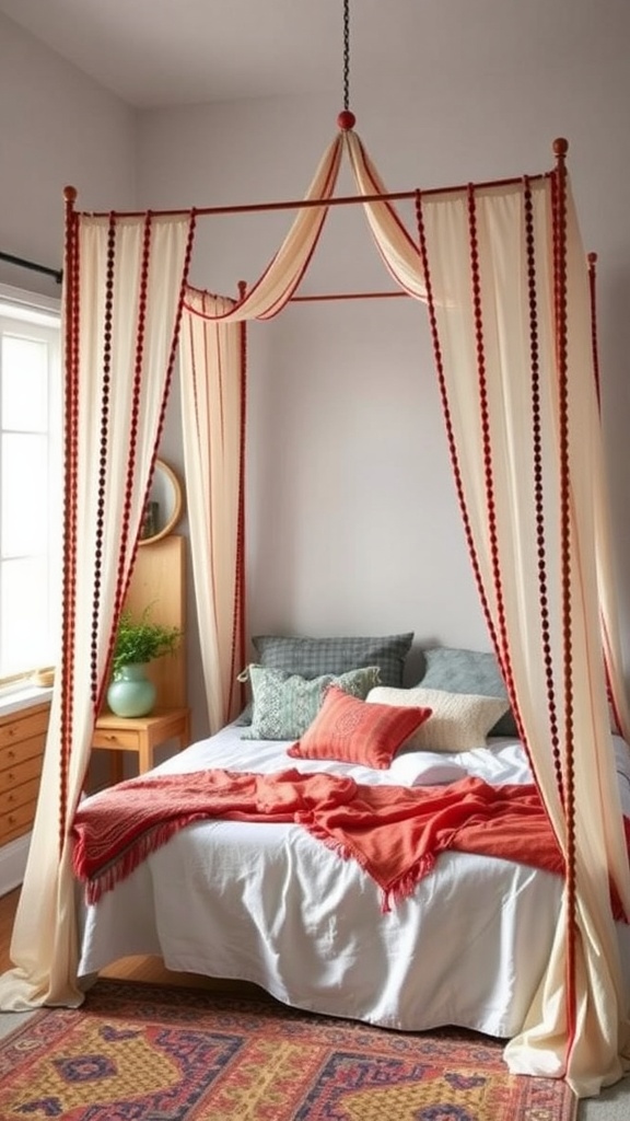 A cozy Boho bedroom featuring a canopy bed adorned with strings of beads and complemented by colorful pillows and a rug.