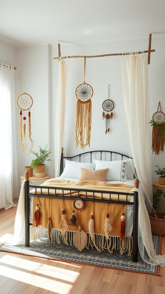 A cozy Boho bedroom featuring a canopy bed, dreamcatchers, and a warm color palette.