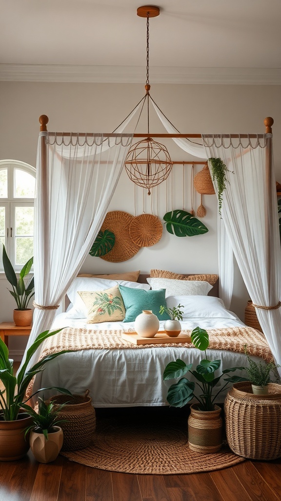 A serene boho bedroom featuring a canopy bed with botanical decorations and lush plants.