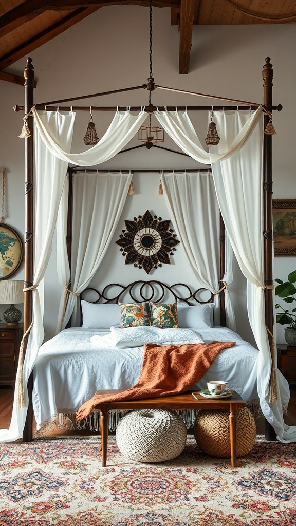 A cozy Boho bedroom featuring a canopy bed with unique frame designs, soft drapes, and colorful decor.