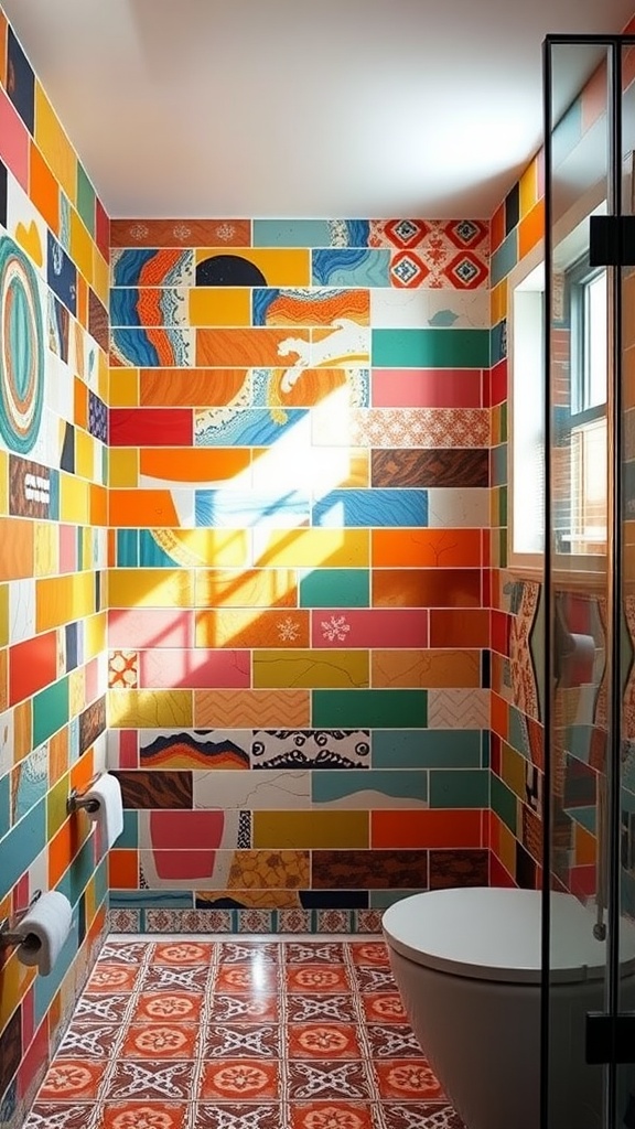 Colorful tiled feature wall in a modern walk in shower