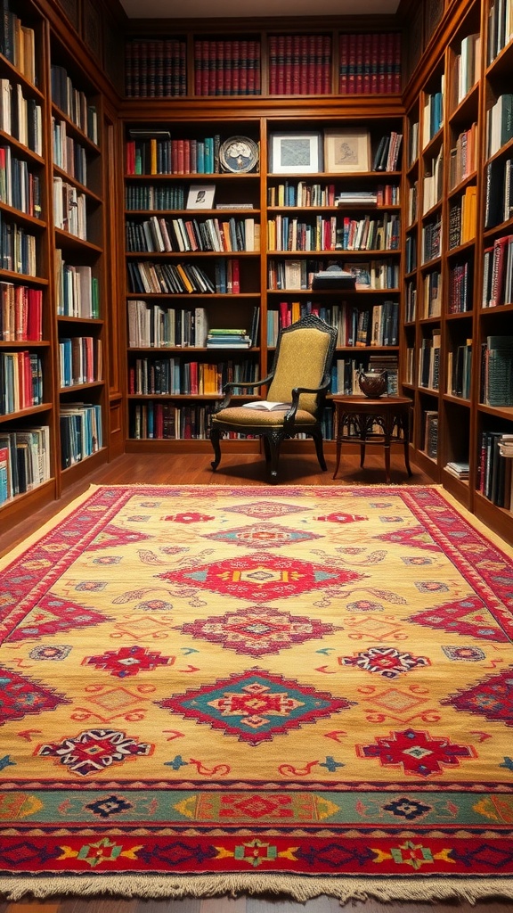 A colorful Kilim rug placed in a cozy library surrounded by wooden shelves filled with books.
