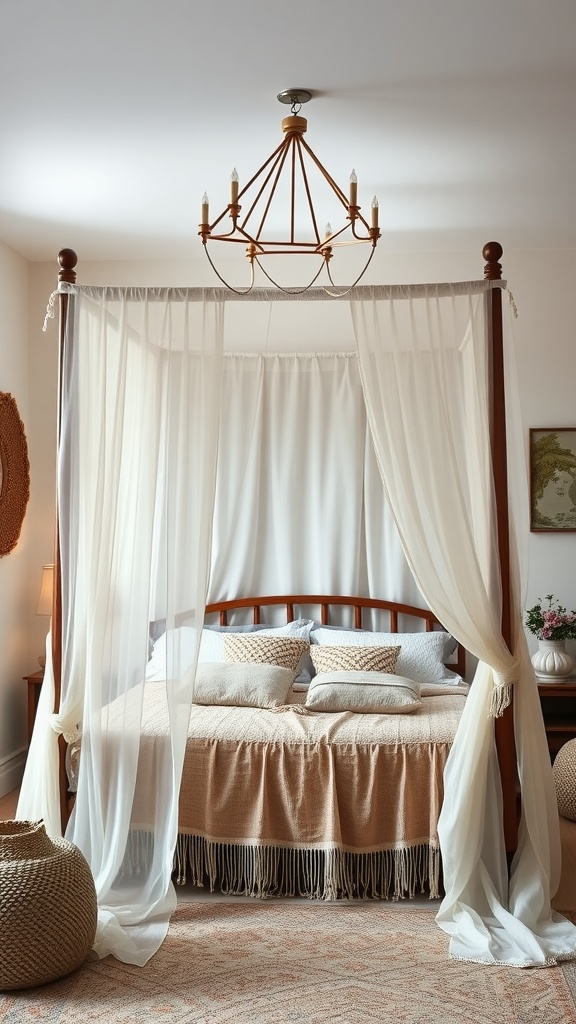 A cozy Boho bedroom featuring a canopy bed with sheer white curtains, warm-toned bedding, and a chandelier.