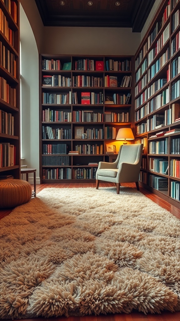 A cozy library with a shag rug, bookshelves filled with books, a reading chair, and soft lighting.