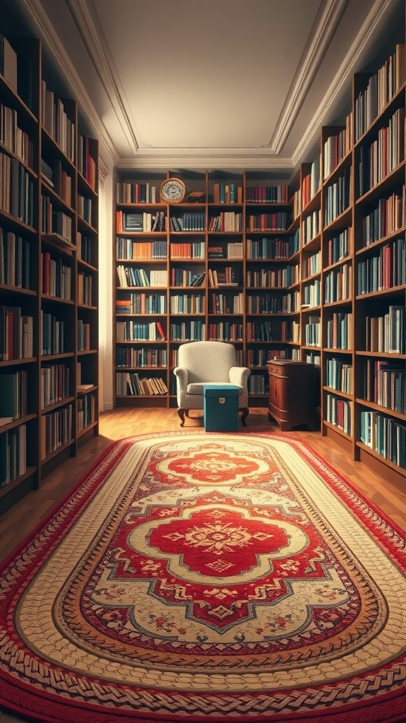 A cozy library featuring a traditional braided rug, bookshelves filled with books, and a comfortable chair
