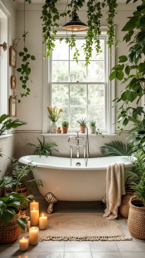 A cozy bathroom with a clawfoot tub, greenery, candles, and woven decor.