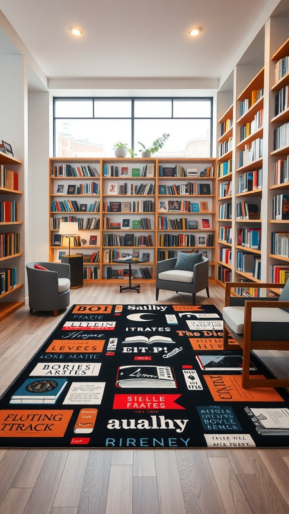 A modern library with a graphic literary-themed rug showcasing colorful text and book designs.
