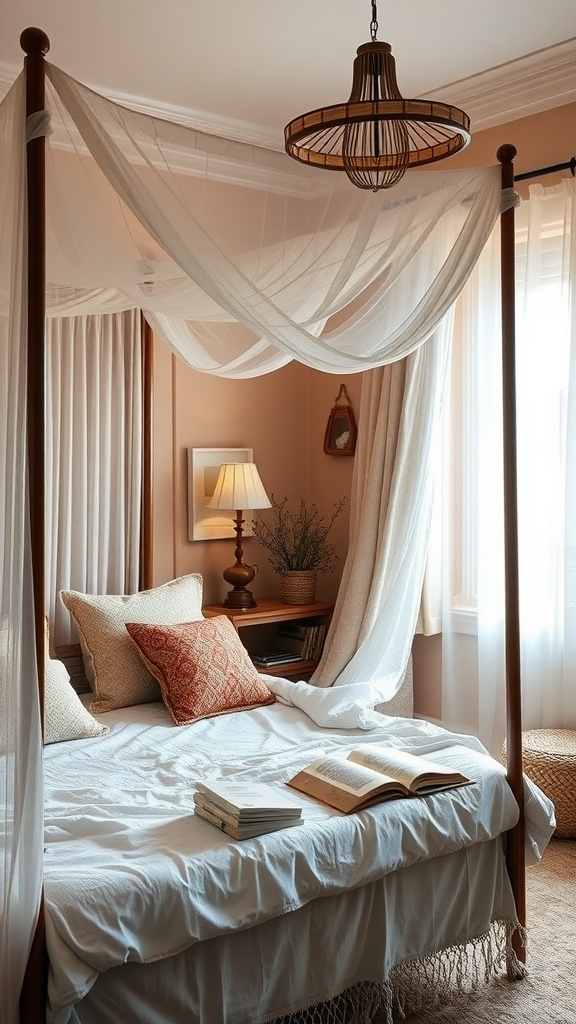 Cozy Boho bedroom with a canopy bed, warm lighting, and a reading nook