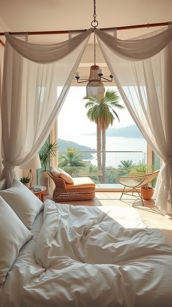 A serene boho bedroom featuring a canopy bed, with an open view to a balcony with palm trees and a relaxing seating area.