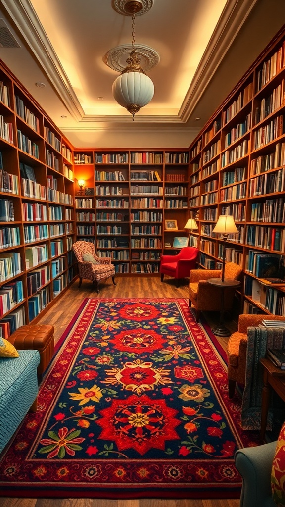 A cozy library featuring a colorful floral rug, wooden shelves filled with books, and soft seating.