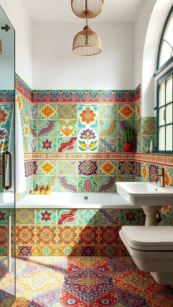 A colorful Moroccan-themed bathroom with vibrant tiles and a vintage light fixture.