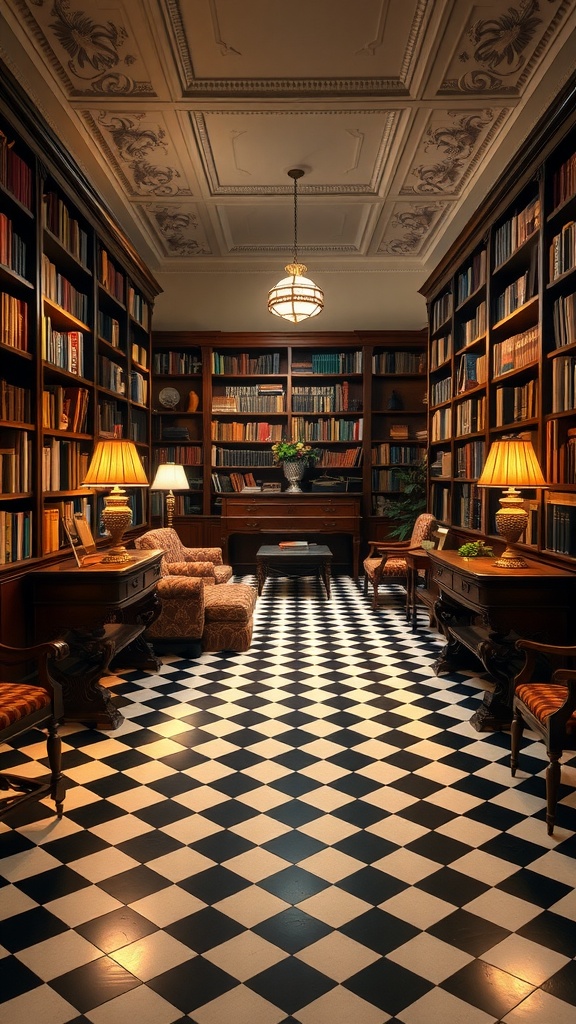 A cozy library featuring a checkerboard rug, wooden bookshelves, and warm lighting.