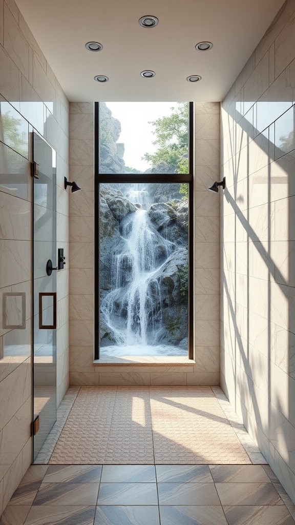 A walk-in shower with a large window showcasing a waterfall, featuring modern tiles and natural light.