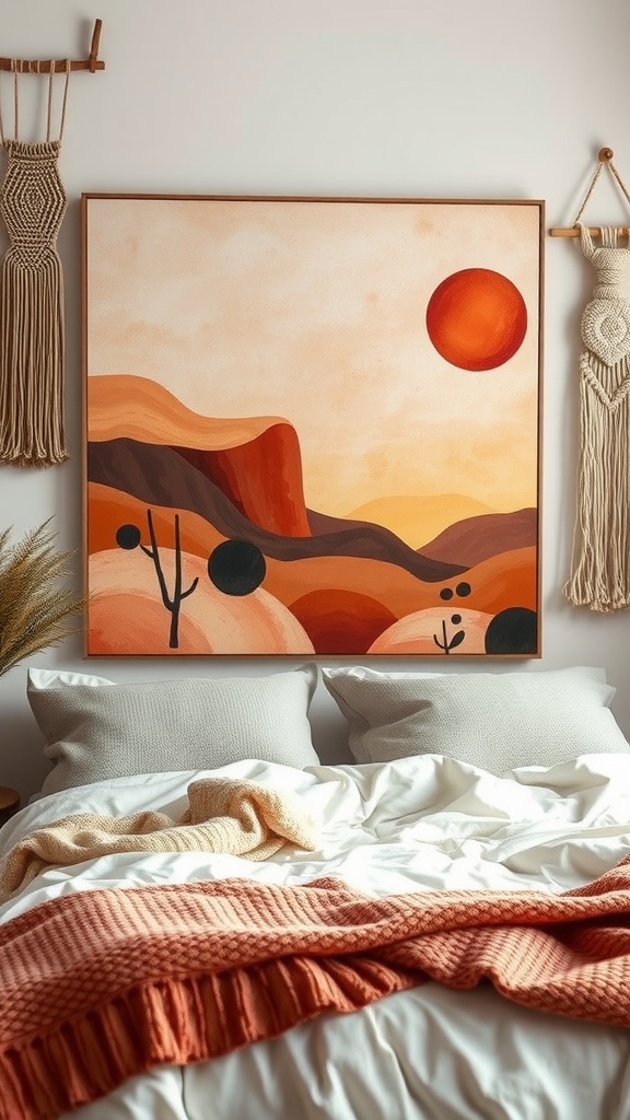 Abstract landscape painting in warm tones above a cozy bed with textured pillows and blankets