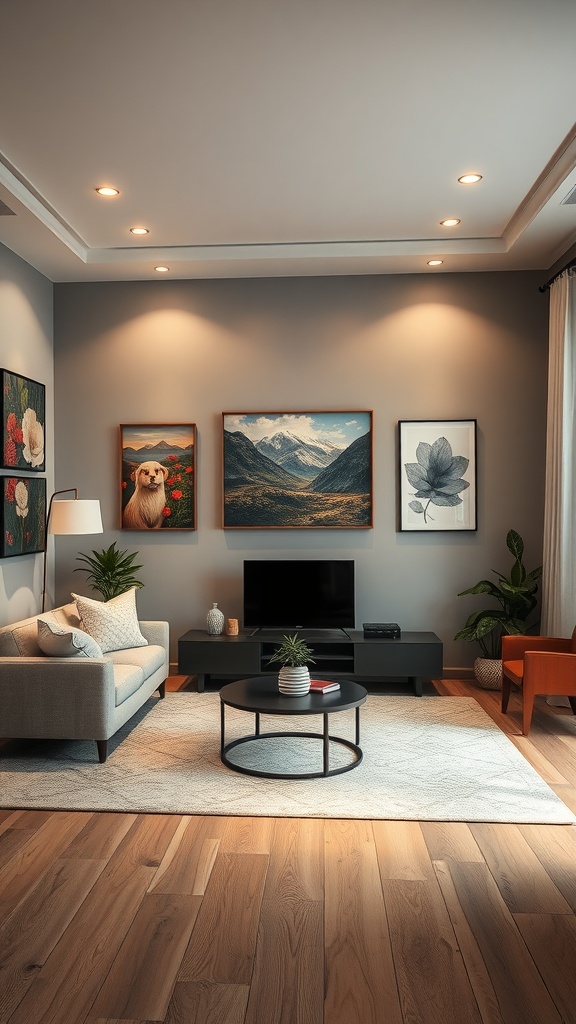 A cozy living room featuring accent lighting that highlights several artwork pieces on the wall.