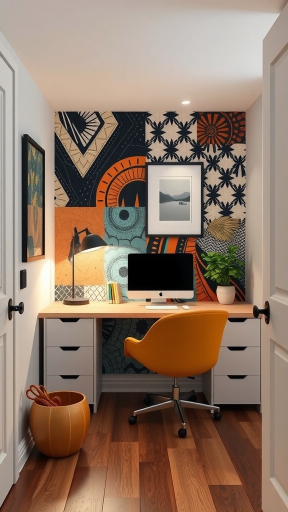 A small home office featuring a bold patterned accent wall, a wooden desk with an orange chair, and decorative elements.
