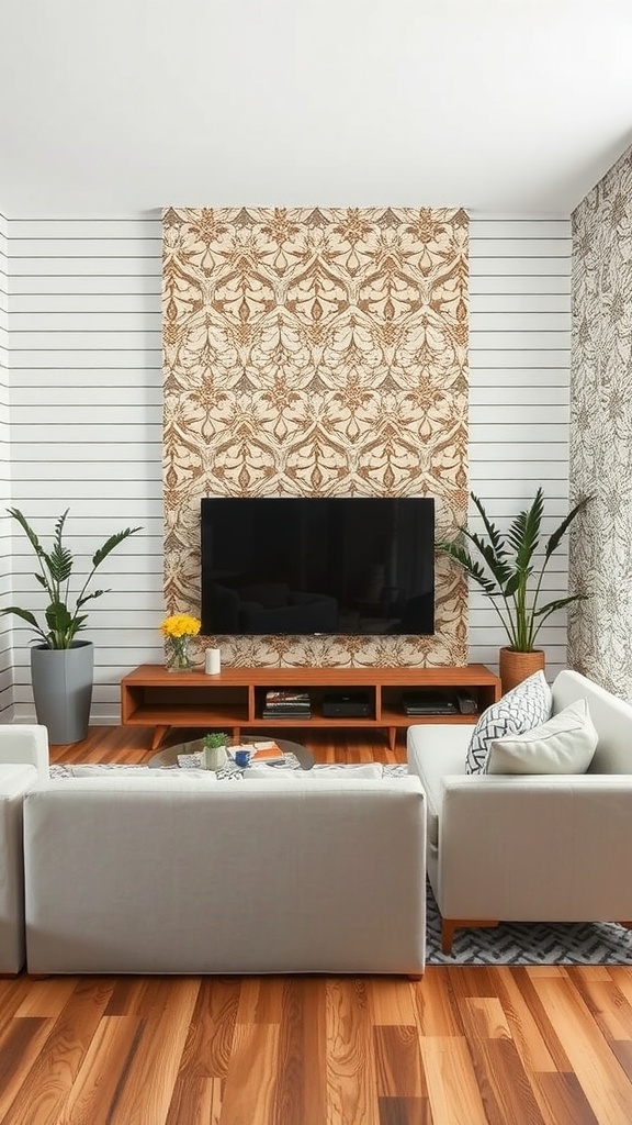 A cozy farmhouse living room featuring an accent wall with shiplap and floral wallpaper.