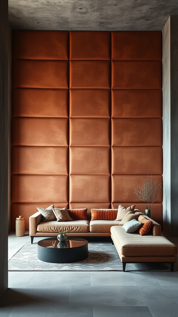 A modern living room featuring a plush velvet accent wall, a beige sofa, and a round coffee table.