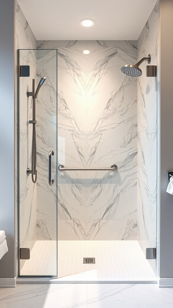 Modern walk-in shower with marble tile design, grab bar, and spacious layout