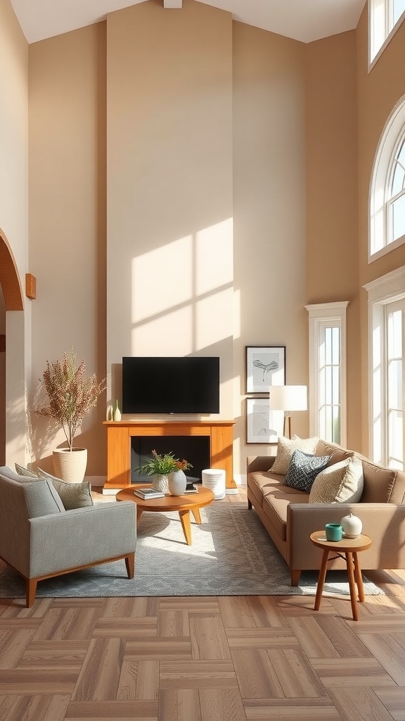 Living room with Accessible Beige SW 7036 walls, showcasing natural light, gray sofas, and wooden furniture.