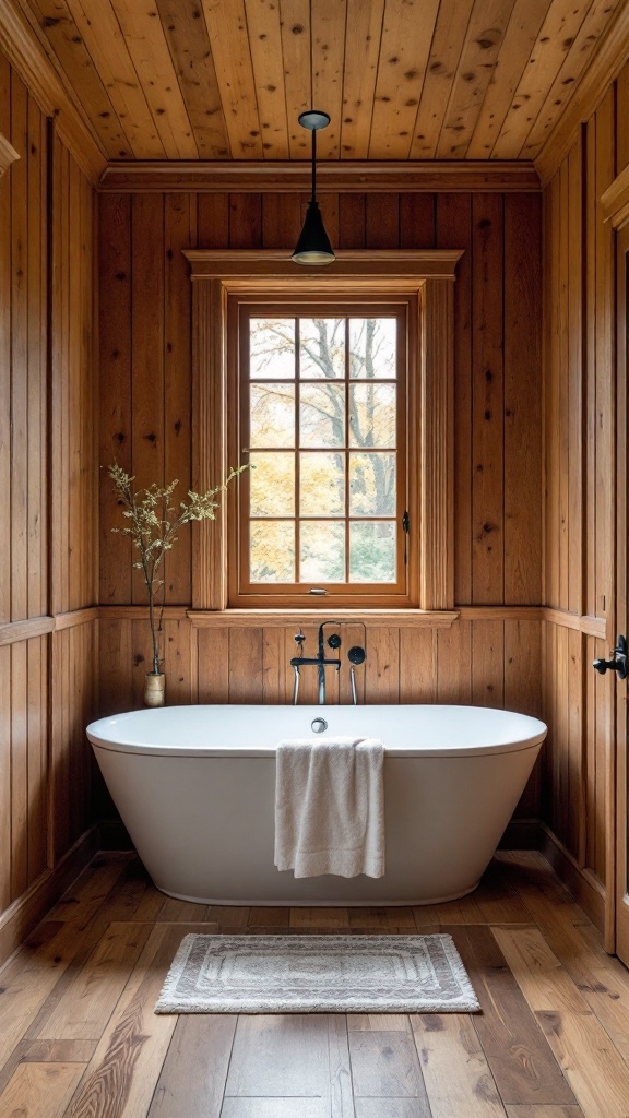 A farmhouse bathroom featuring acoustic wood paneling, a white bathtub, and natural light.