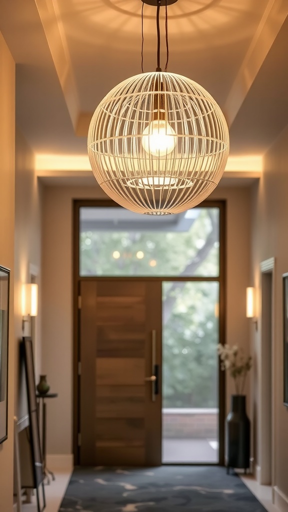 Acrylic orb hanging light illuminating a modern hallway