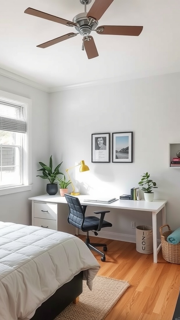 A bright and stylish multi-use home office space with a desk, plants, and a cozy bed.