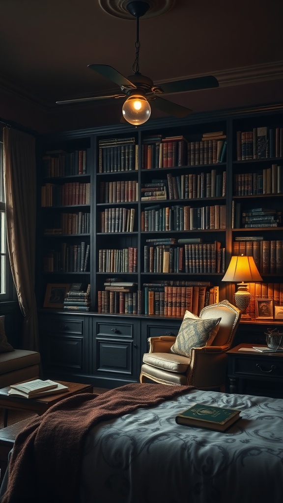 A cozy dark academia bedroom with a large bookshelf filled with books, an armchair, and warm lighting.
