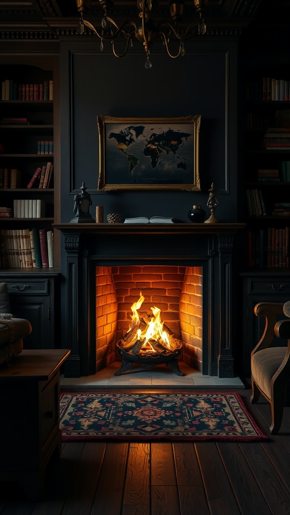 A cozy Dark Academia bedroom with a fireplace, dark walls, and bookshelves.