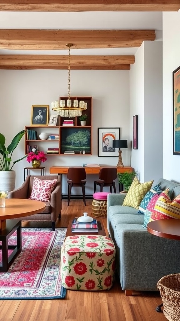 Stylish living room and dining room combo with colorful accessories
