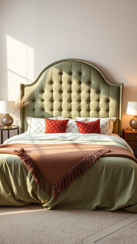 Luxurious sage green velvet headboard in a boho style bedroom with decorative pillows and blanket.