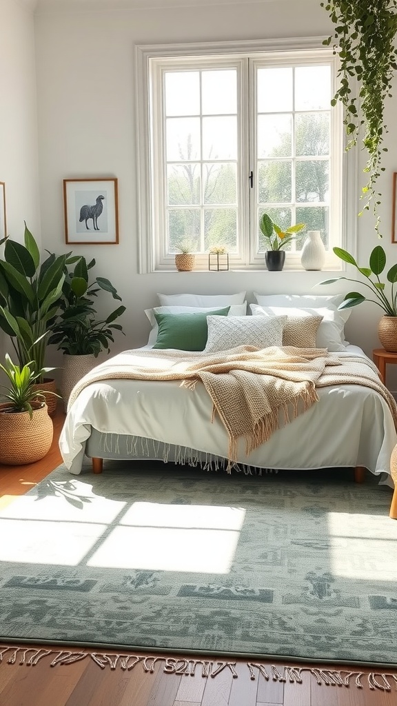 A bright and airy bedroom featuring a sage green rug, white bedding, plants, and cozy decor.