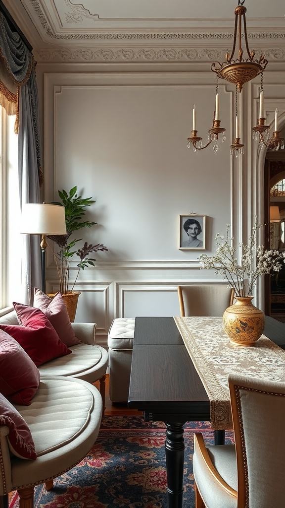 Elegant living room and dining room combo with pillows, a table runner, and decorative elements.