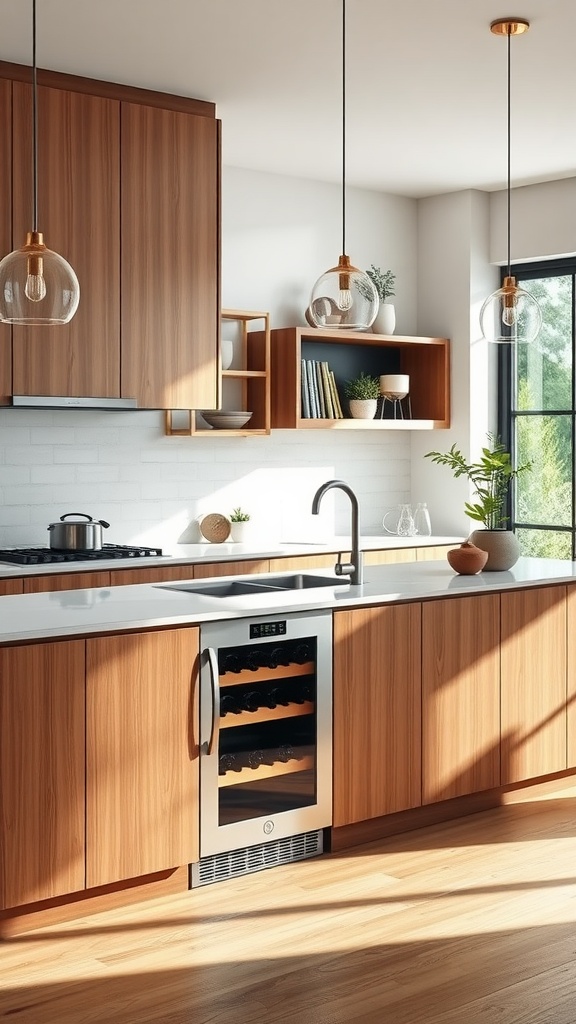 Modern kitchen featuring a wine fridge integrated into a wooden kitchen peninsula.