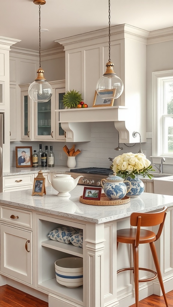 A stylish kitchen peninsula featuring family photos, blue and white tea set, flower arrangement, and elegant pendant lighting.