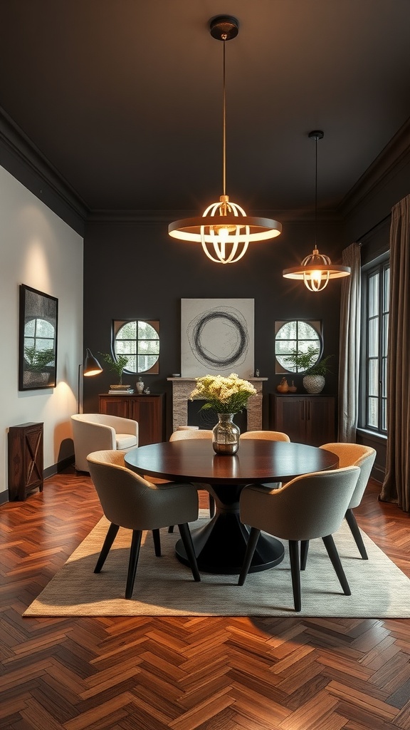 A modern dining area featuring statement pendant lights, a round table, and plush chairs, set against dark walls and wooden flooring.