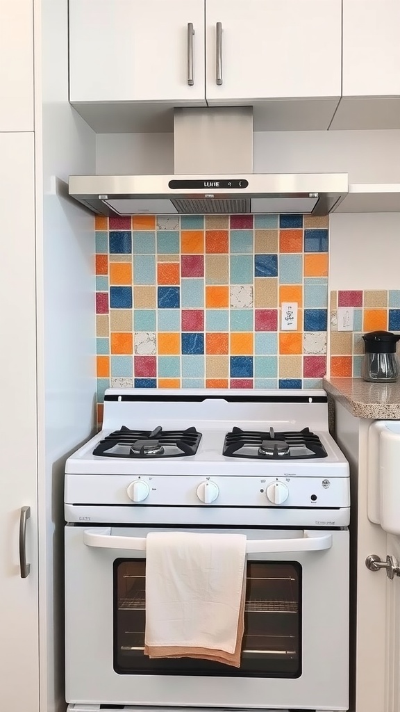Colorful tiled backsplash in a small kitchen behind a white stove.