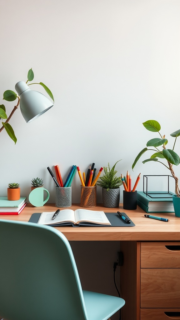 A stylish home office desk with colorful pens, plants, and a lamp.