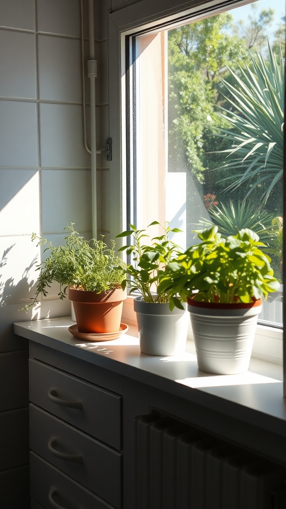 A small herb garden with pots of basil, thyme, and parsley on a sunny kitchen windowsill.