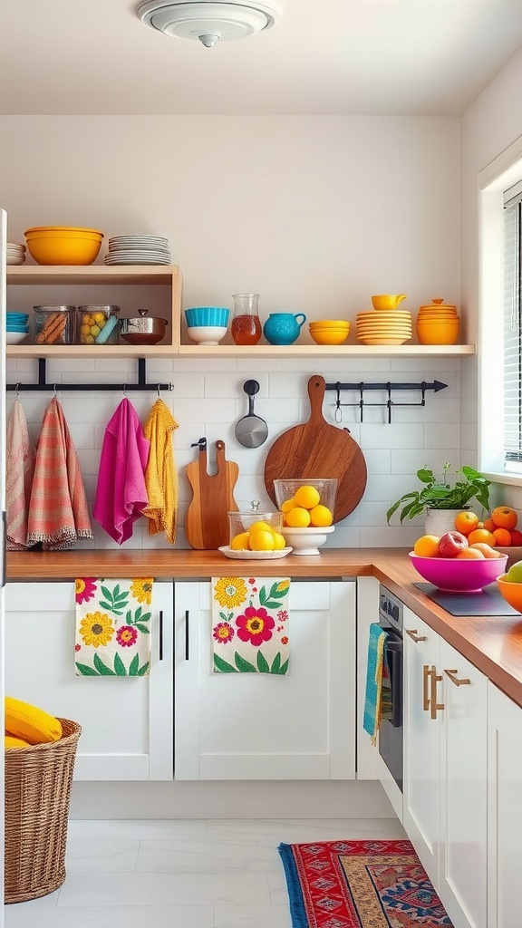 A colorful kitchen with bright accessories, including bowls, towels, and fruit displays, creating a lively and inviting atmosphere.